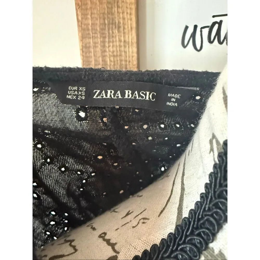 Zara Women's Embroidered Eyelet Long Sleeve Cotton Blend Mini Dress Black XS - Picture 7 of 11